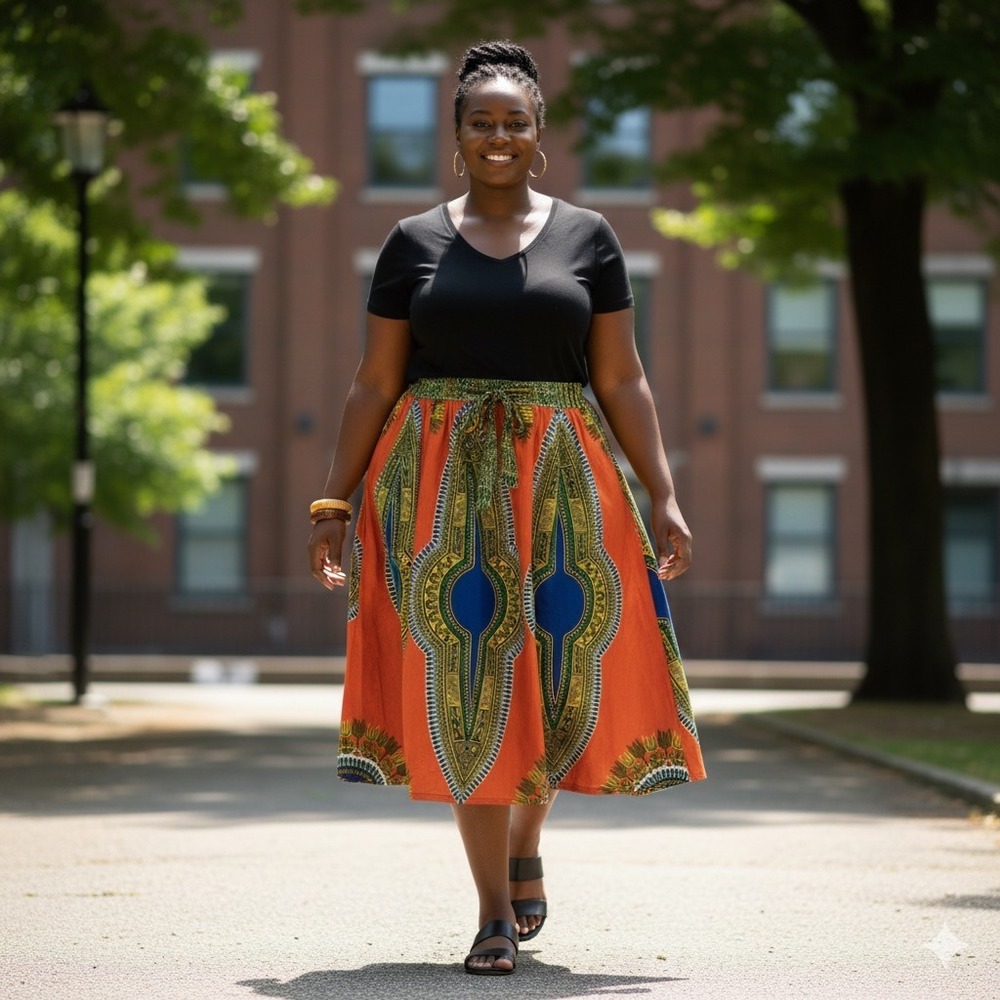 African Kente Dashiki Midi Skirt Women One Size Orange Elastic Waist Full A Line
